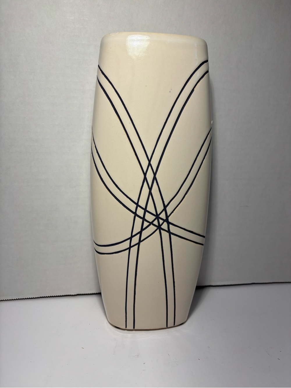 Norcal Creamy White Black Geometric Lines Ceramic 10” Vase Modern Home Accent - Picture 2 of 9